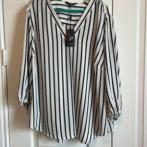 Adrianna Papell Black & White Striped V Neck, Crepe Blouse/Tunic NWT